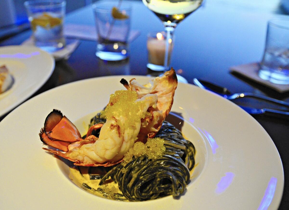 Lobster and squid ink pasta is one of the entree choices at the newly opened Ritz in Newport Beach.