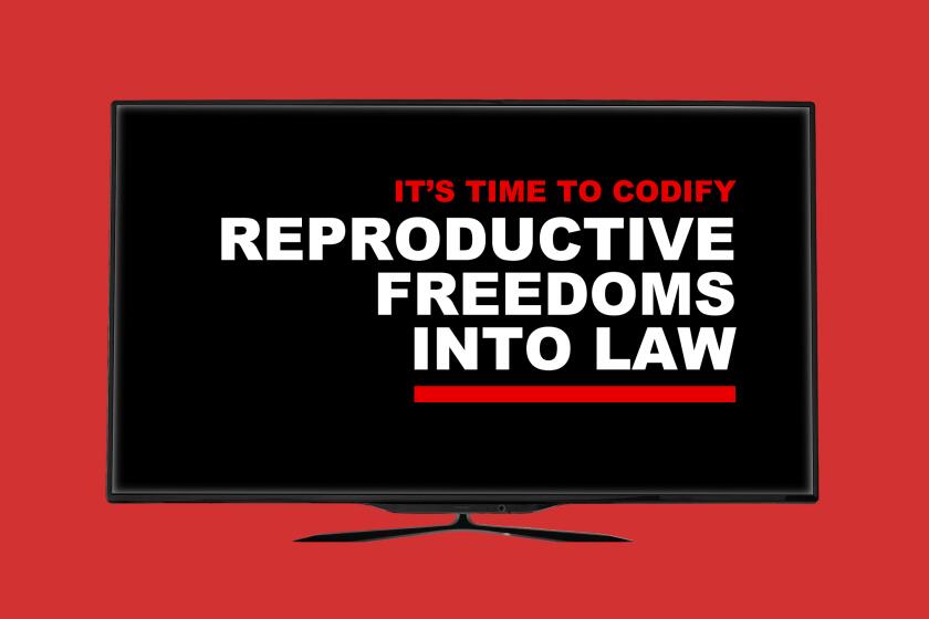 Illustration of a TV with an ad on it that says "It's time to codify reproductive freedoms into law"