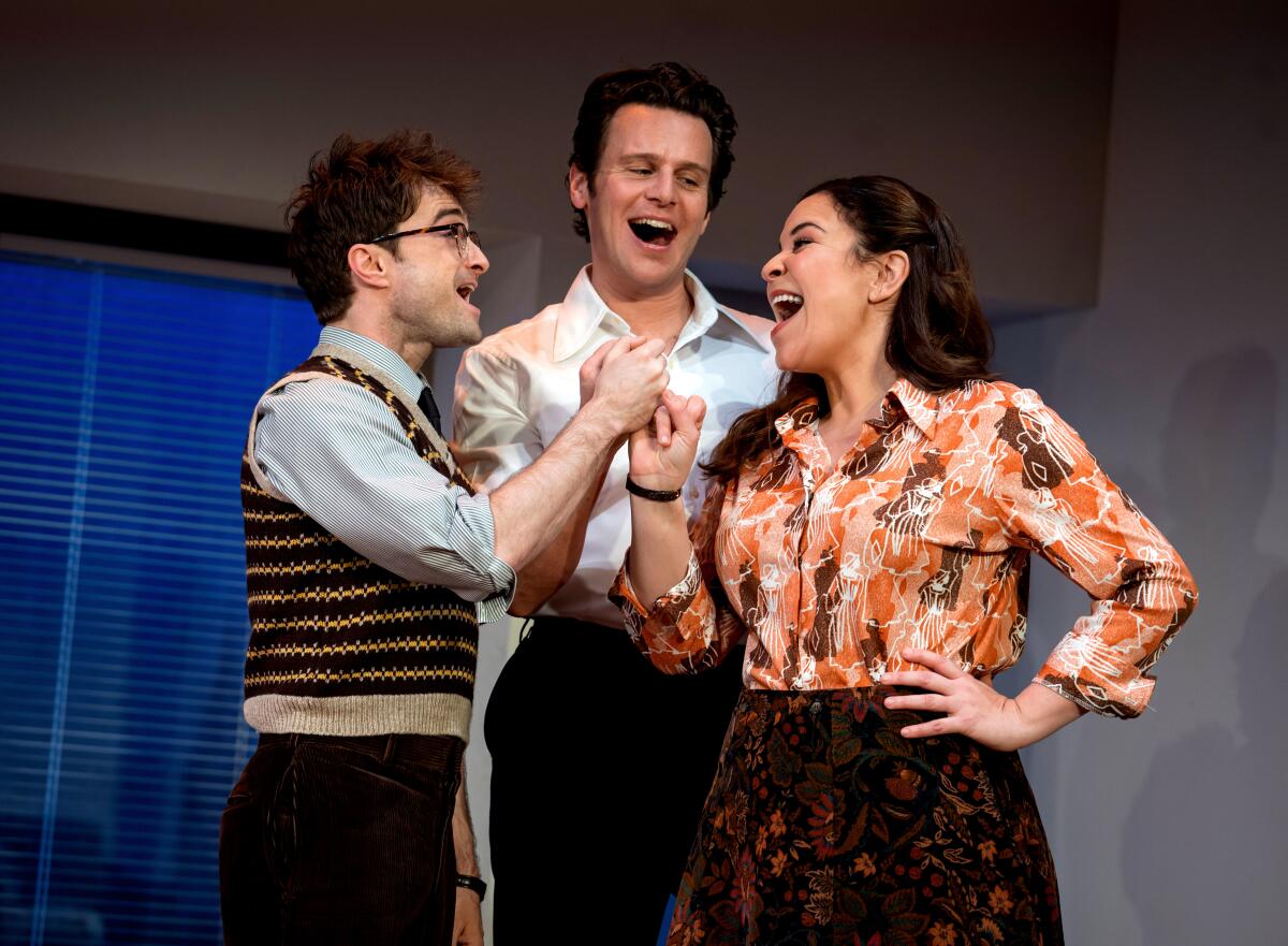 A trio of friends singing to each other in a stage musical.