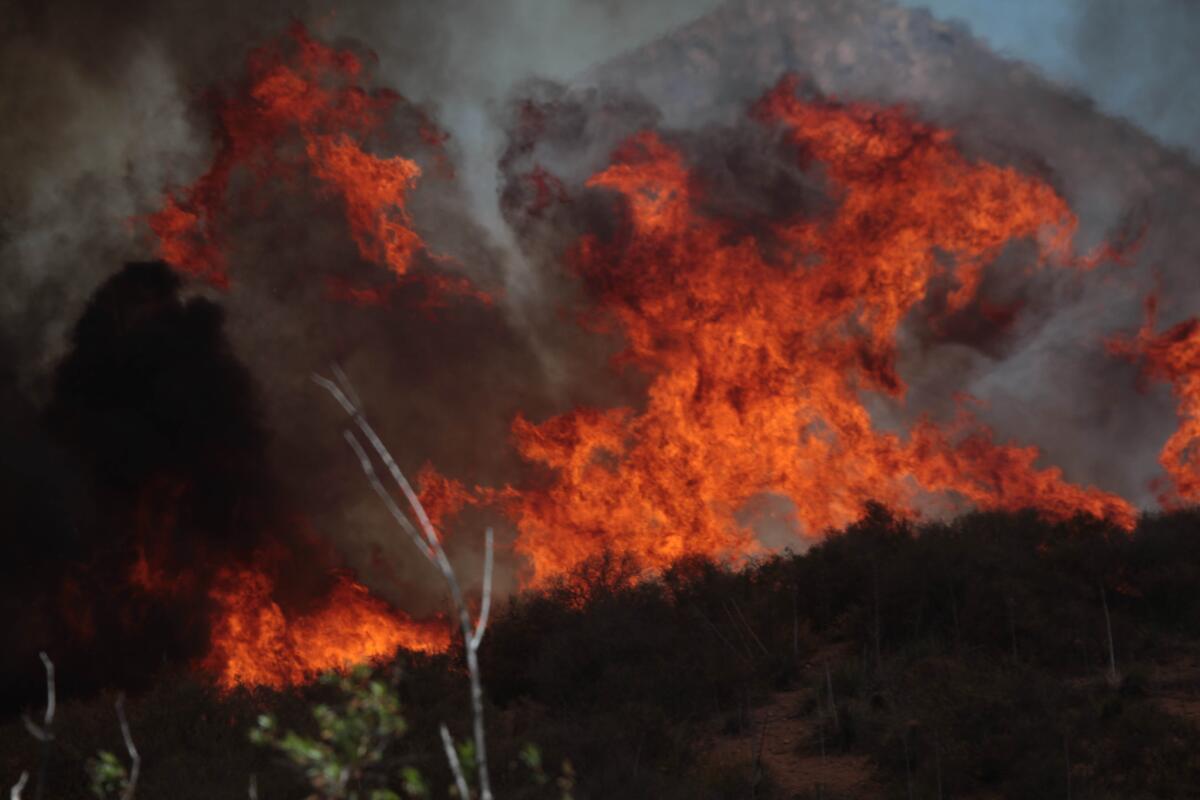 A fire that started near Camarillo Springs spread over the Santa Monica Mountains and threatened the Dos Vientos and Newbury Park areas. Firefighters worked to contain the fire fueled by dry Santa Ana winds and warm temperatures.