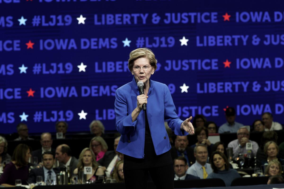 Elizabeth Warren speaks at the Iowa Democratic Party's Liberty and Justice Celebration in Des Moines.