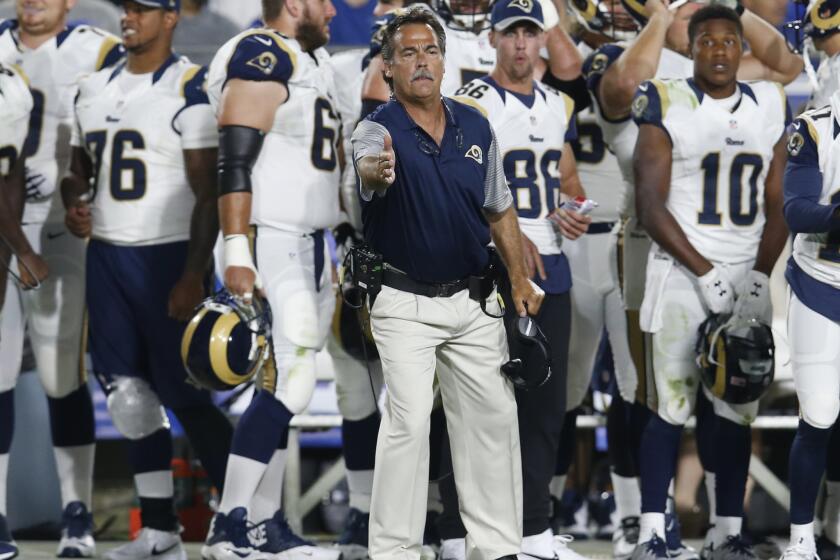 Rams Coach Jeff Fisher motions during a preseason game against the Kansas City Chiefs on Aug. 20.