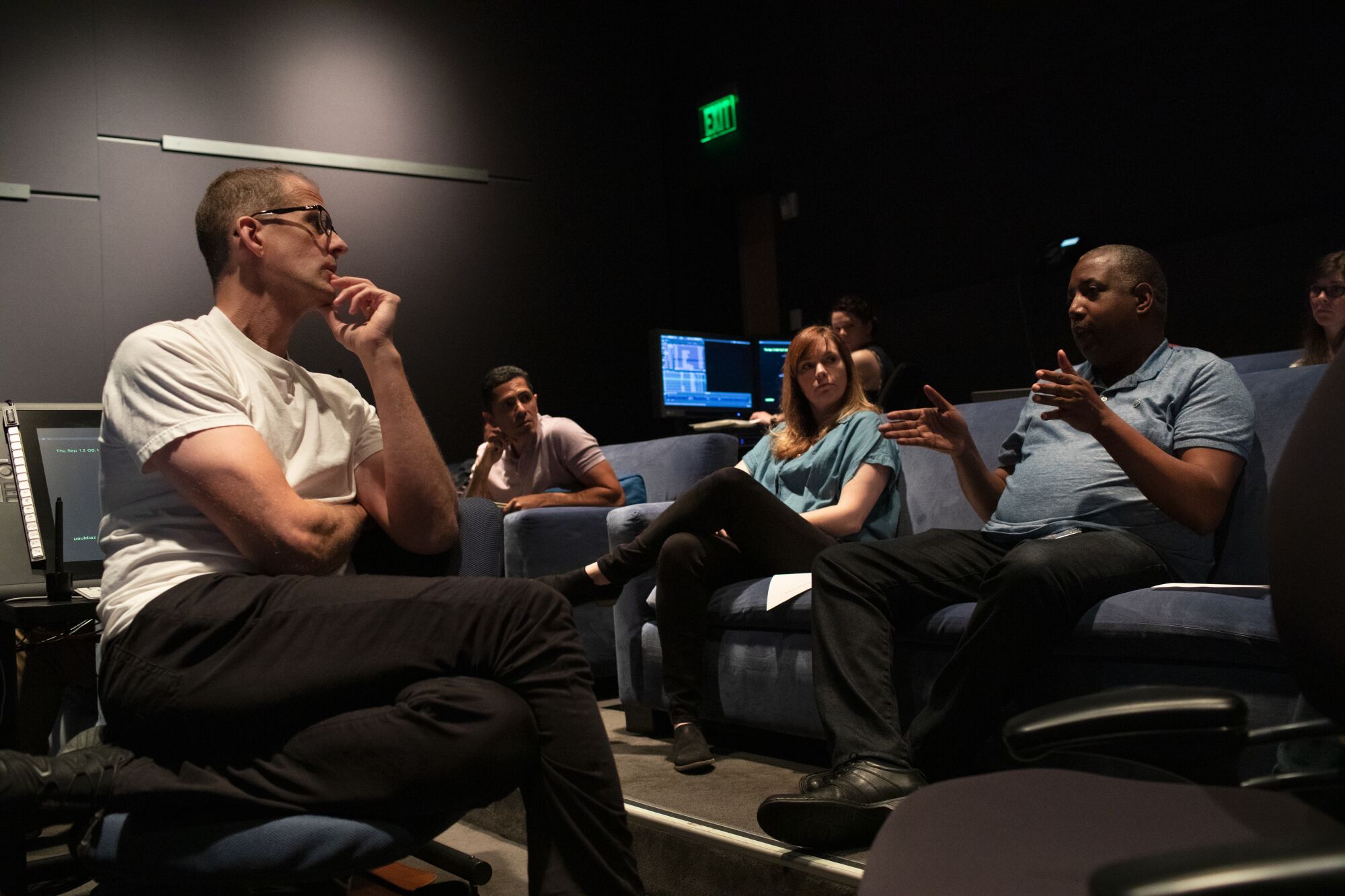 "Soul's" Pete Docter, Jude Brownbill and Kemp Powers, in a screening room, discuss progress on the feature.