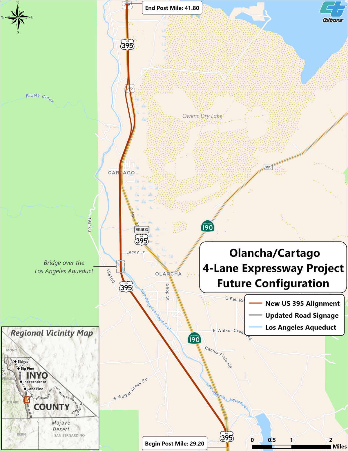 Map of new Highway 395 alignment in Owens Valley