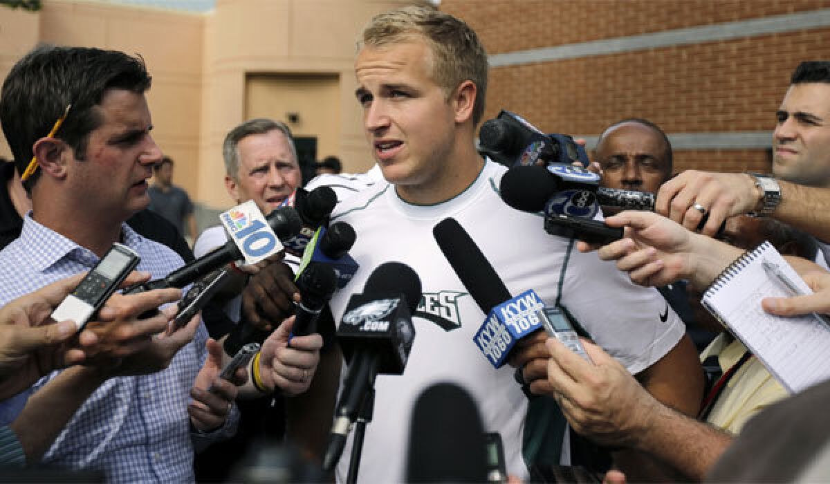 Philadelphia quarterback Matt Barkley speaks to reporters at an Eagles rookie camp in May.