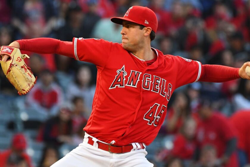 ANAHEIM, CA - MAY 25: Tyler Skaggs #45 of the Los Angeles Angels of Anaheim pitches in the first inning of the game against the Texas Rangers at Angel Stadium of Anaheim on May 25, 2019 in Anaheim, California. (Photo by Jayne Kamin-Oncea/Getty Images) ** OUTS - ELSENT, FPG, CM - OUTS * NM, PH, VA if sourced by CT, LA or MoD **