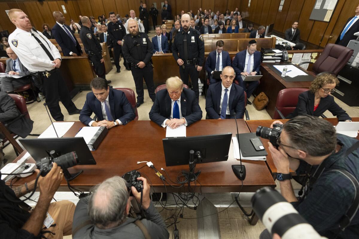 Former President Trump appears at Manhattan criminal court Thursday morning in New York. 
