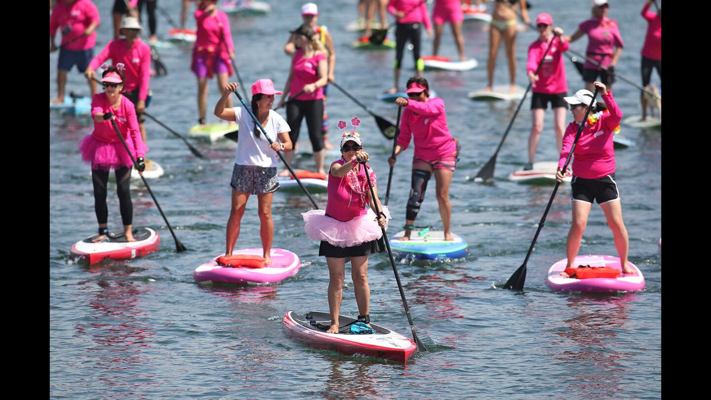 Rochelle Williams, wearing the tutu, leads a group of paddlers in the Standup of the Cure "Sea of Pink" 5K at the Newport Dunes Waterfront Resort on Saturday.