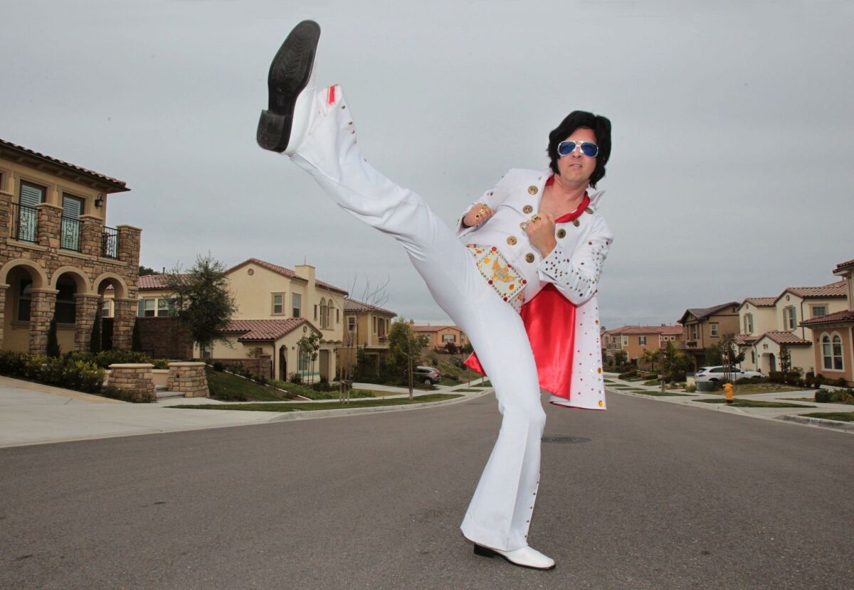 Ready-to-rock Chris Maddox unleashes an Elvis-style kick that’s part of his performance fronting Graceband, a Presley tribute band that plays in San Diego, Orange and Los Angeles counties. Locally, the band has appeared at the Del Mar Fair and Belly-Up tavern.