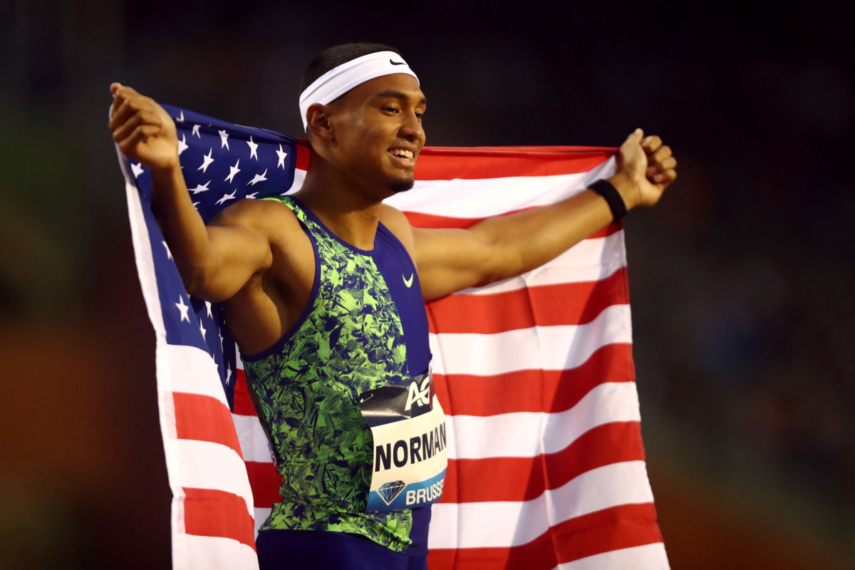 Michael Norman celebrates after winning the 400 meters at the IAAF Diamond League Memorial Van Damme.