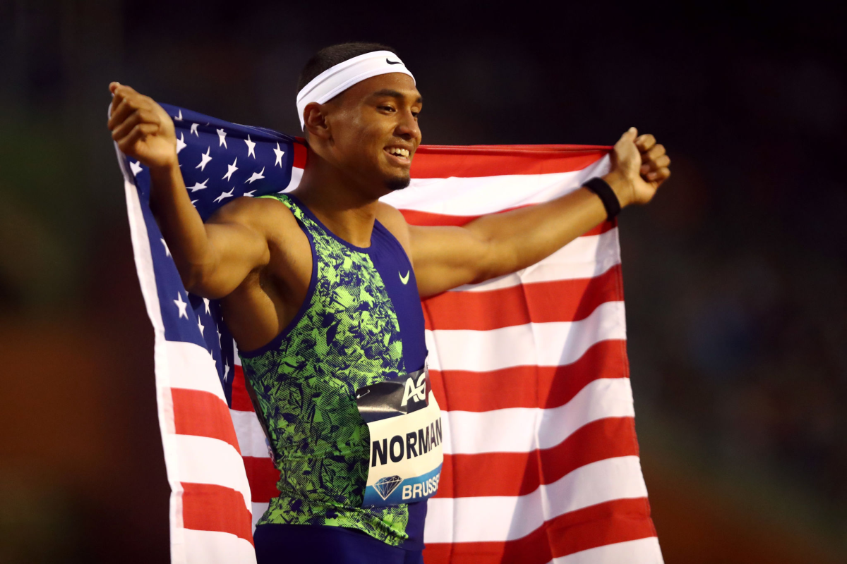 Michael Norman celebrates after winning the 400 meters at the IAAF Diamond League Memorial Van Damme in Brussels last year