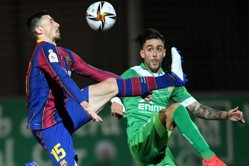 BARCELONA, SPAIN - JANUARY 21: Clement Lenglet of Barcelona battles for possession with Albert Manel Estelles.