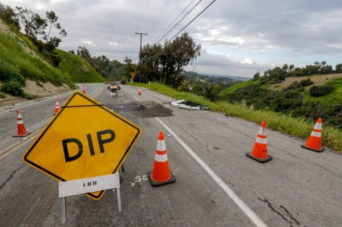 Hacienda Road is closed between Skyline Drive and Canada Sombre in La Habra Heights because of rain damage. The route could be shut down for up to a year for repairs.