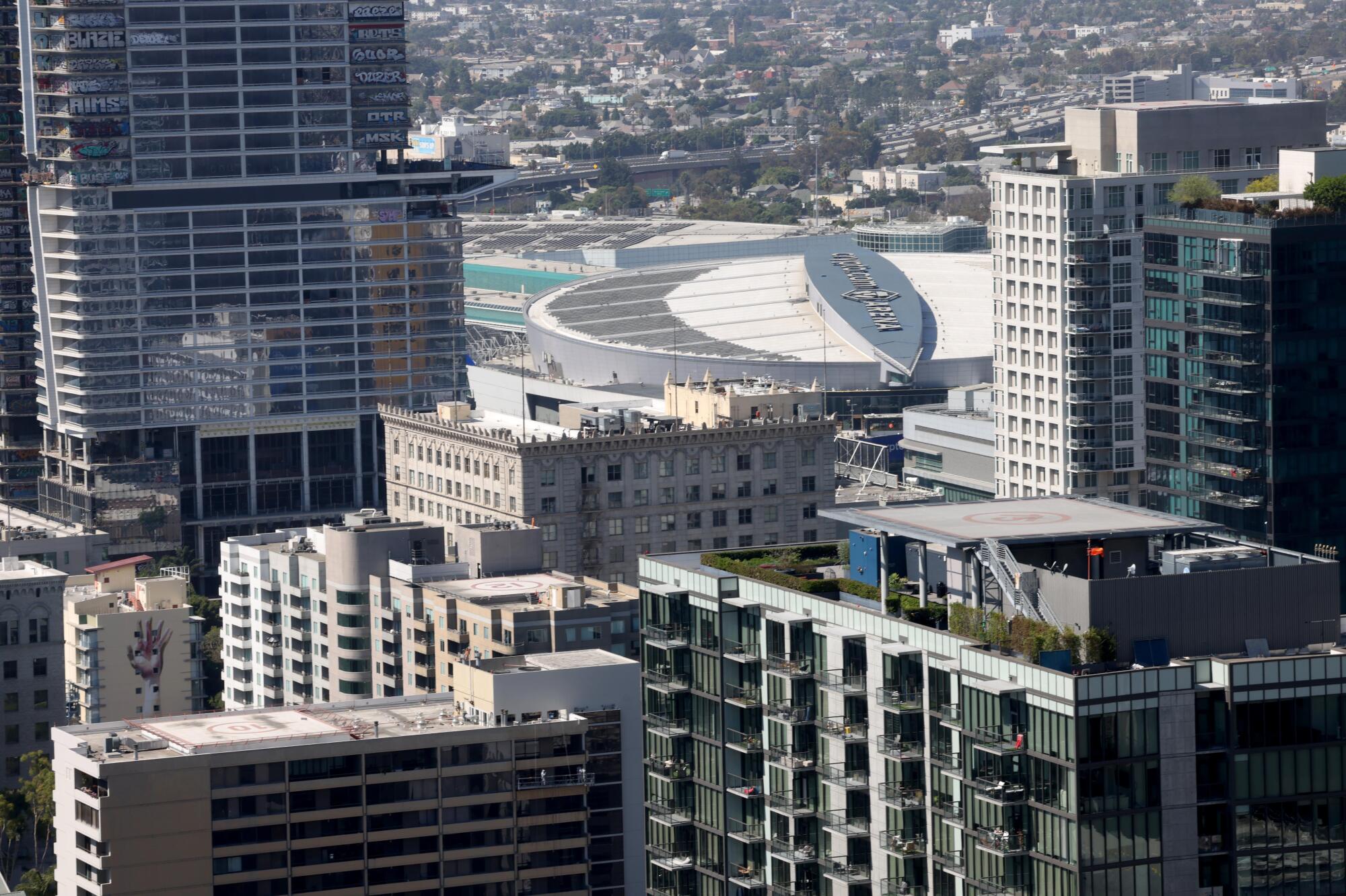 Crypto.com Arena is seen from the rooftop of One Wilshire.