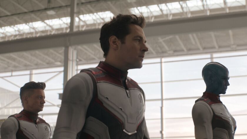 Clint Barton (Jeremy Renner), left, Scott Lang (Paul Rudd) and Nebula (Karen Gillan) in "Avengers: Endgame."