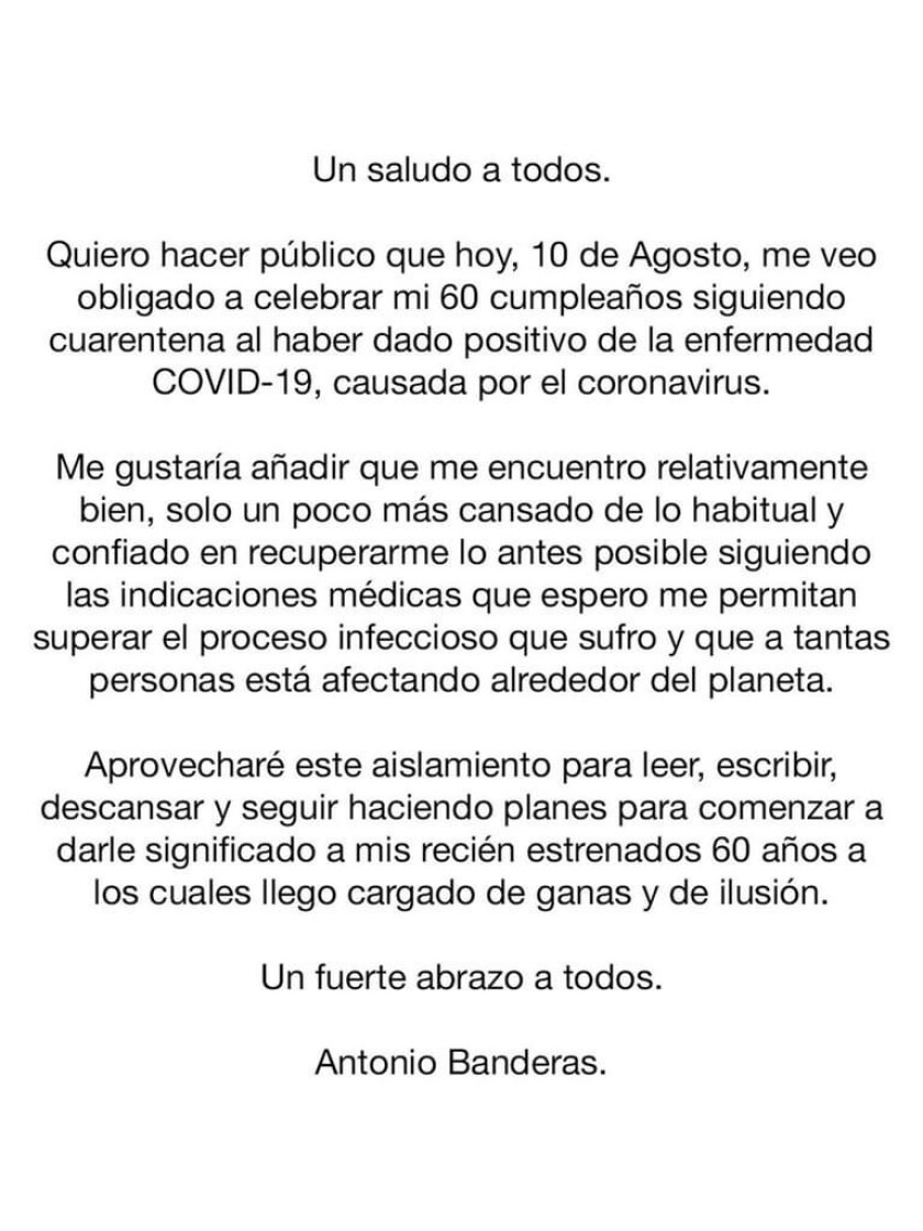 Antonio Banderas publica un comunicado en sus redes sociales confirmando su contagio de coronavirus
