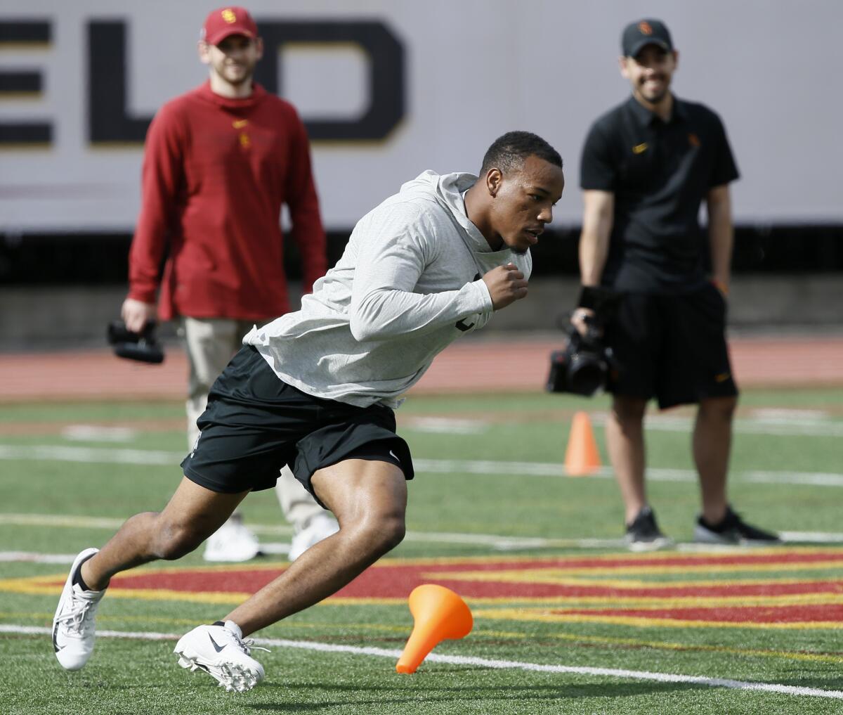 USC cornerback Iman Marshall runs through a sprint drill during USC pro day on Wednesday.