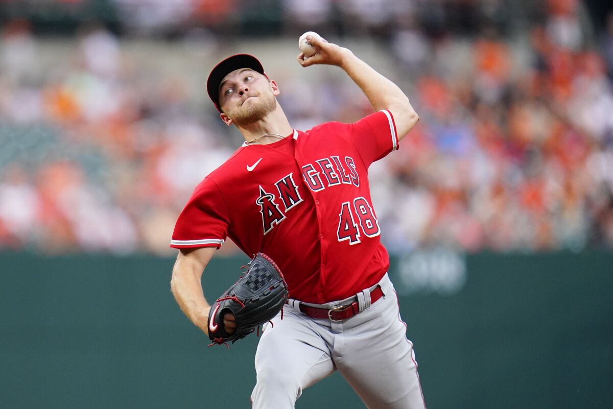 Angels starter Reid Detmers delivers a pitch to the Baltimore Orioles during the first inning July 8, 2022.
