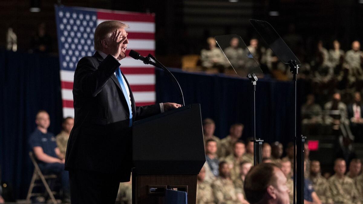 President Donald Trump speaks at Fort Myer in Arlington, Va. during a Presidential Address to the Nation about his Afghanistan strategy on Aug. 21.