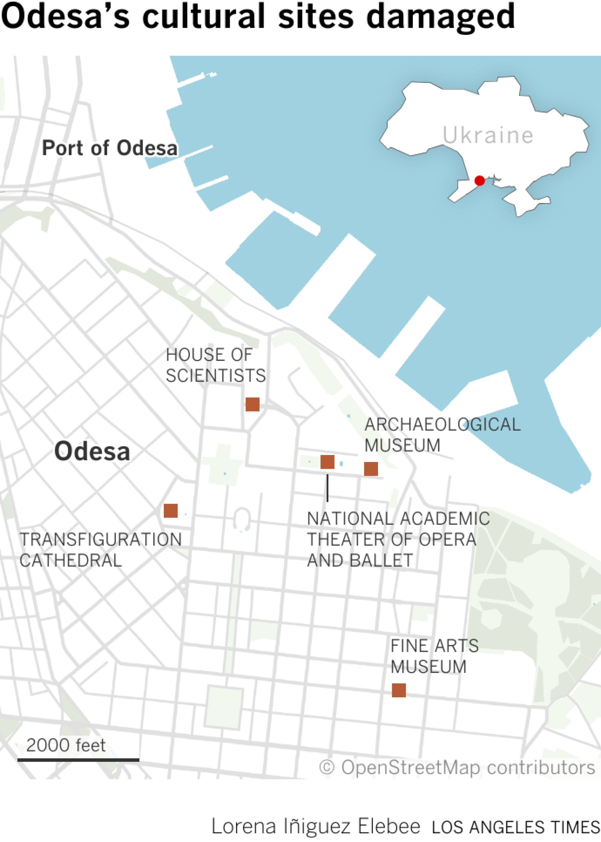 Mapa mostra locais culturais danificados em Odesa, Ucrânia.