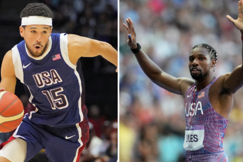 Devin Booker of the U.S. men's basketball team, left, and U.S. sprinter Noah Lyles