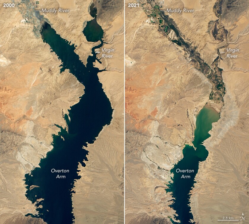Side-by-side satellite photos show a smaller Lake Mead.