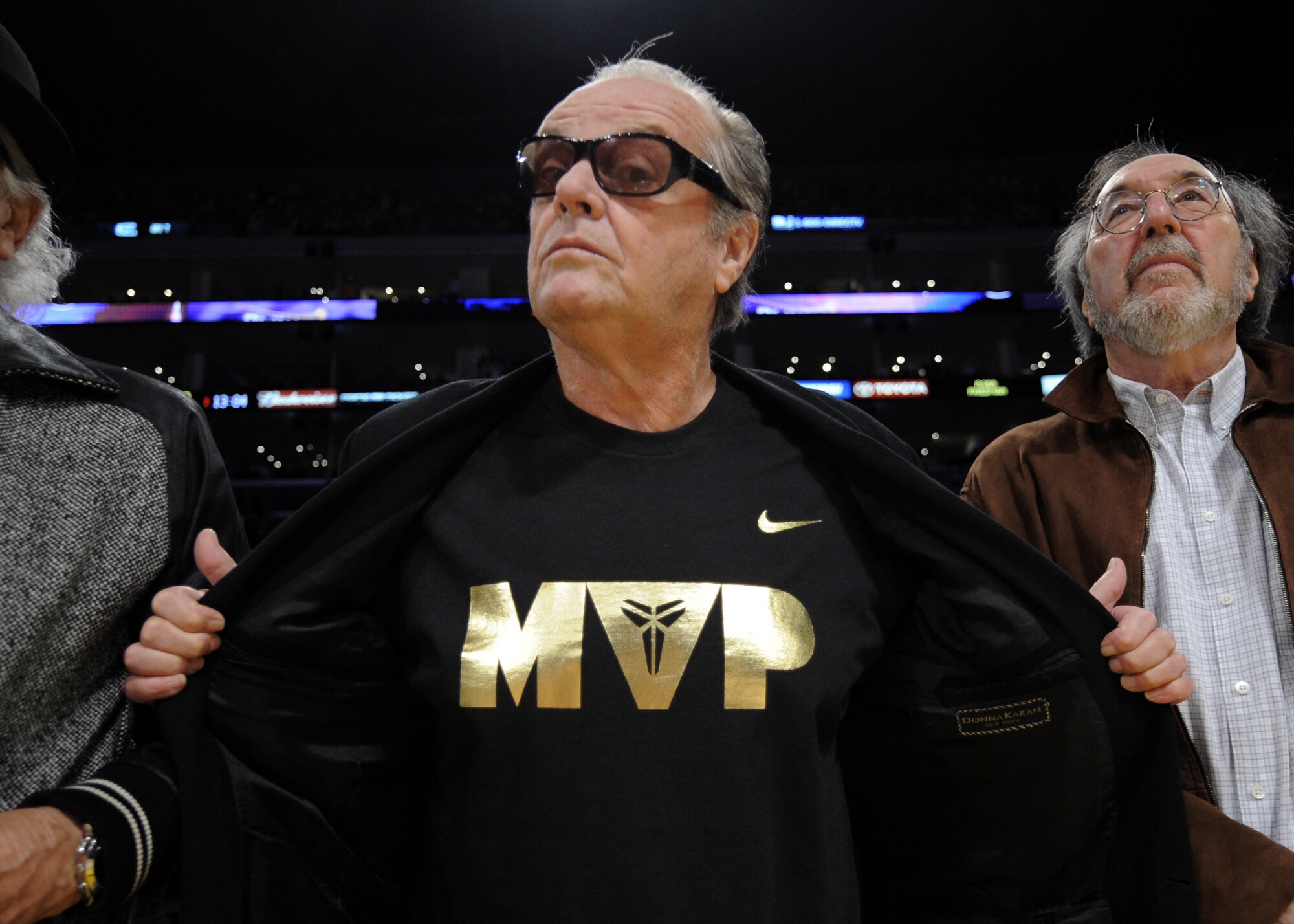 Actor Jack Nicholson shows off his MVP shirt during a playoff game between the Lakers and Utah Jazz on May 7, 2008.