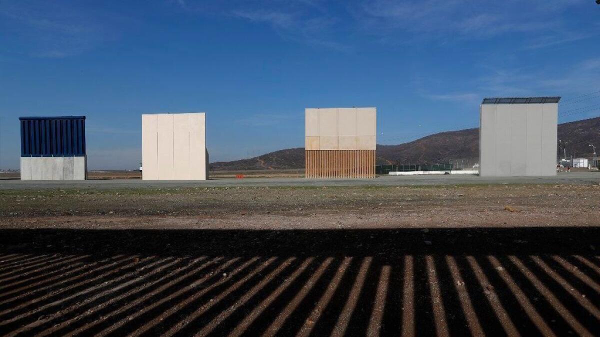 Border wall prototypes stand in San Diego near the U.S.-Mexico border on Dec. 12, 2018.