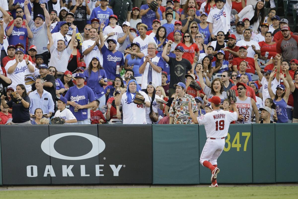 Los Angeles Angels left fielder David Murphy watches as fans cheer for a RBI ground-rule double hit by Los Angeles Dodgers' Scott Van Slyke as during the second inning of a baseball game Monday, Sept. 7, 2015, in Anaheim, Calif. (AP Photo/Jae C. Hong)