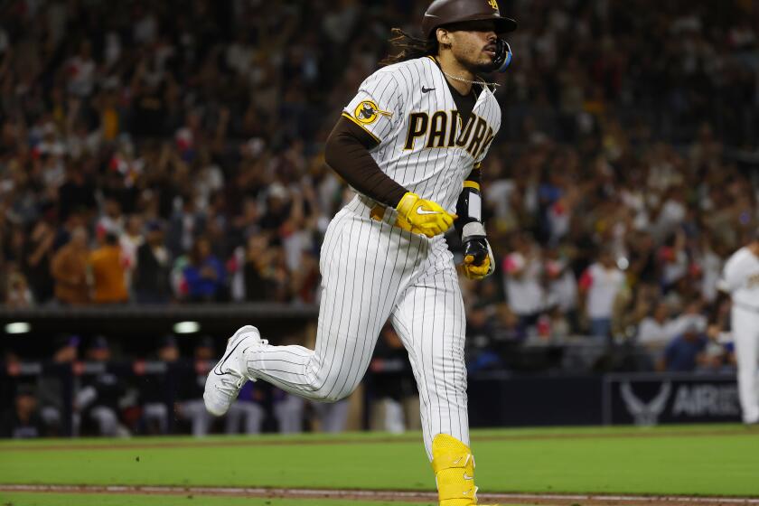 San Diego, CA, September 18, 2023: San Diego Padres' Luis Campusano rounds the bases after hitting a three-run home run the in the third inning against the Colorado Rockies at Petco Park on Monday, September 18, 2023. (K.C. Alfred / The San Diego Union-Tribune)