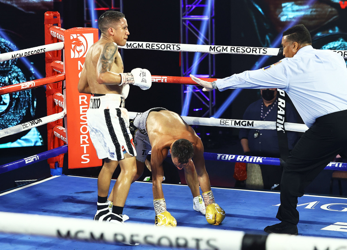 Joshua Franco, left, reacts during his fight against Andrew Moloney on June 23 in Las Vegas. 