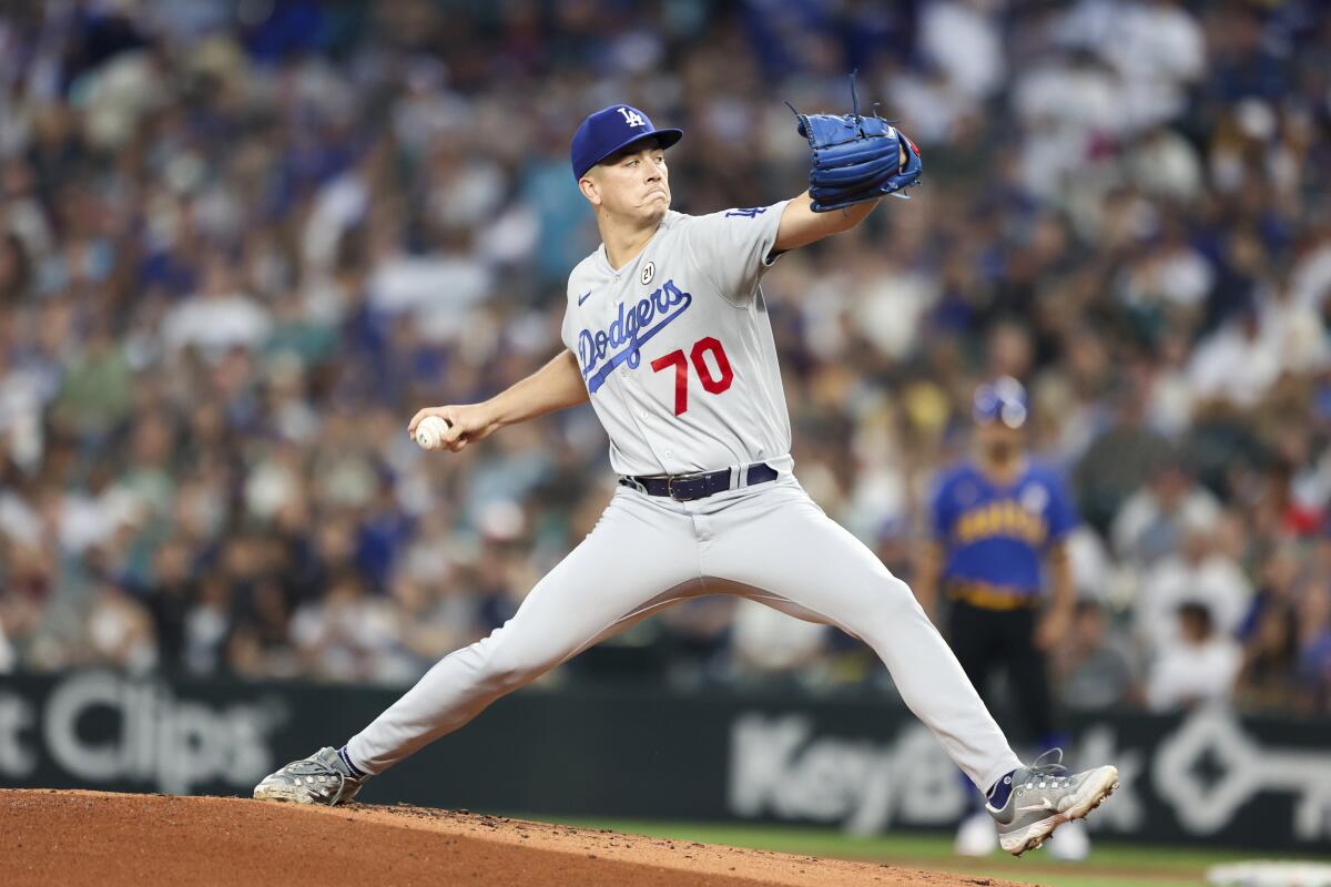 Dodgers starting pitcher Bobby Miller delivers against the Seattle Mariners on Friday.