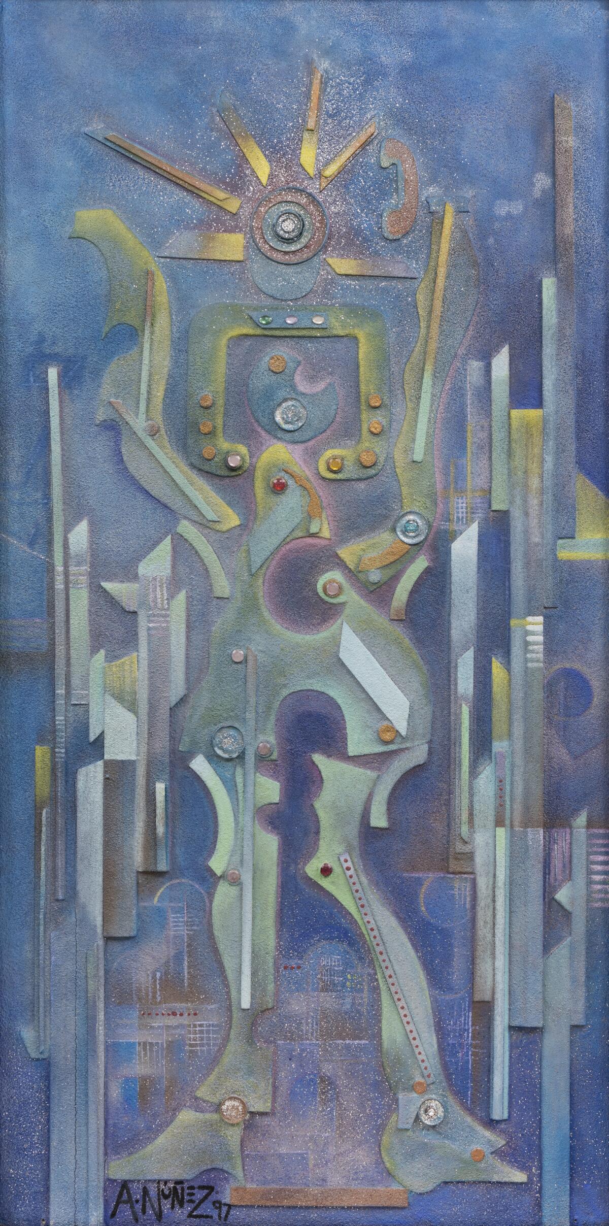 "Sun Goddess of the Computer Age" by Armando Nuñez (1997, mixed media and acrylic on wood panel)