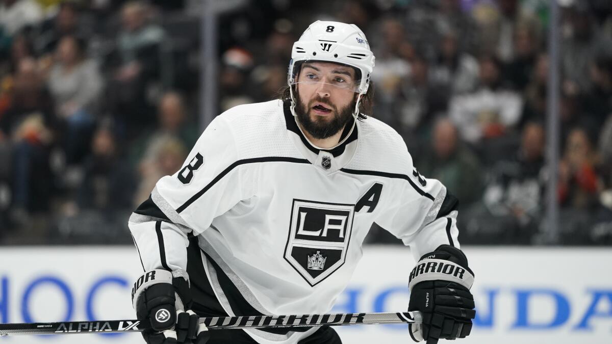 Kings defenseman Drew Doughty follows the puck during a game against the Ducks on Feb. 25.