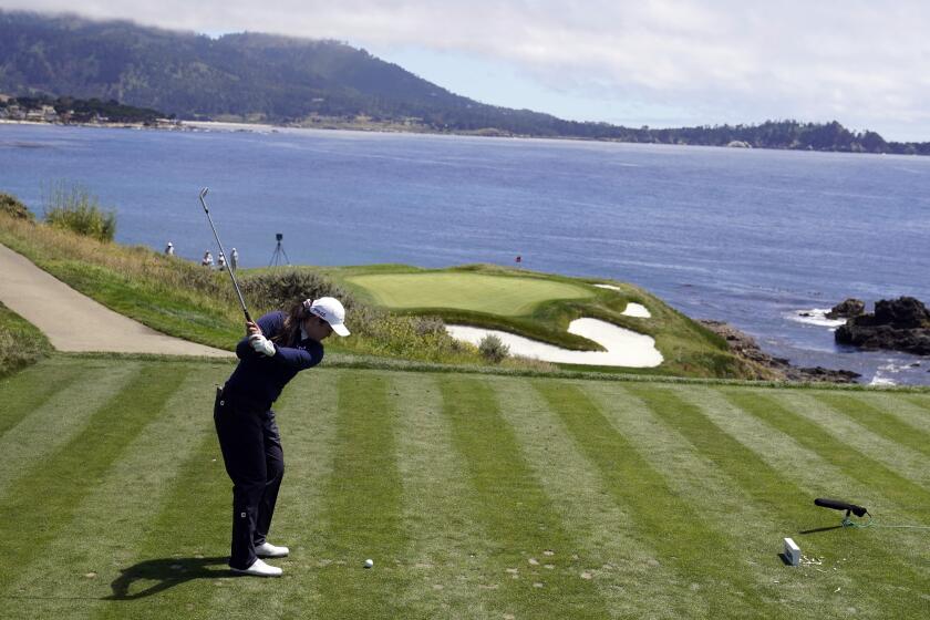 Allisen Corpuz hits from the seventh tee during the final round of the U.S. Women's Open golf tournament at the Pebble Beach Golf Links, Sunday, July 9, 2023, in Pebble Beach, Calif. (AP Photo/Darron Cummings)