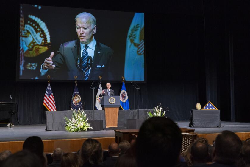 President Joe Biden speaks at the memorial service for former Vice President Walter Mondale, Sunday, May 1, 2022, at the University of Minnesota in Minneapolis. (AP Photo/Jacquelyn Martin)