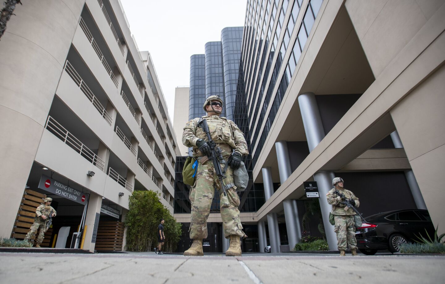 California National Guard members outside the Renaissance Hotel in Long Beach.
