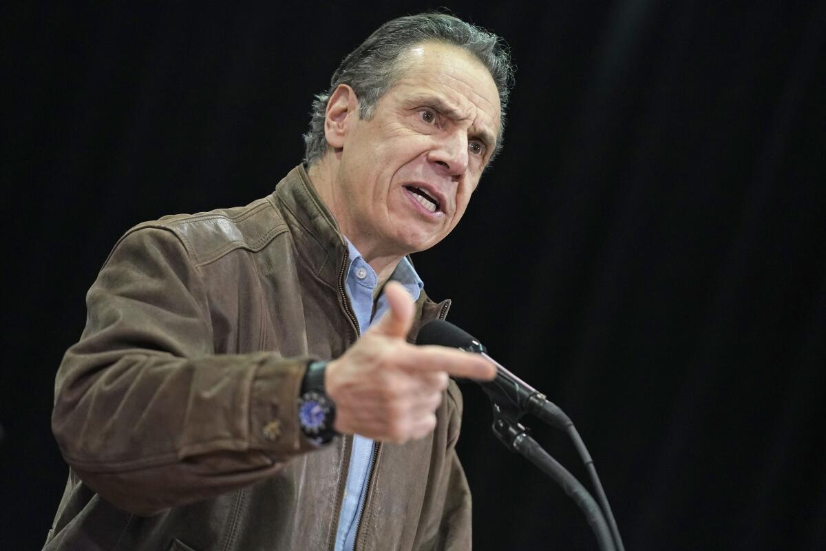 New York Gov. Andrew Cuomo speaks in front of a microphone