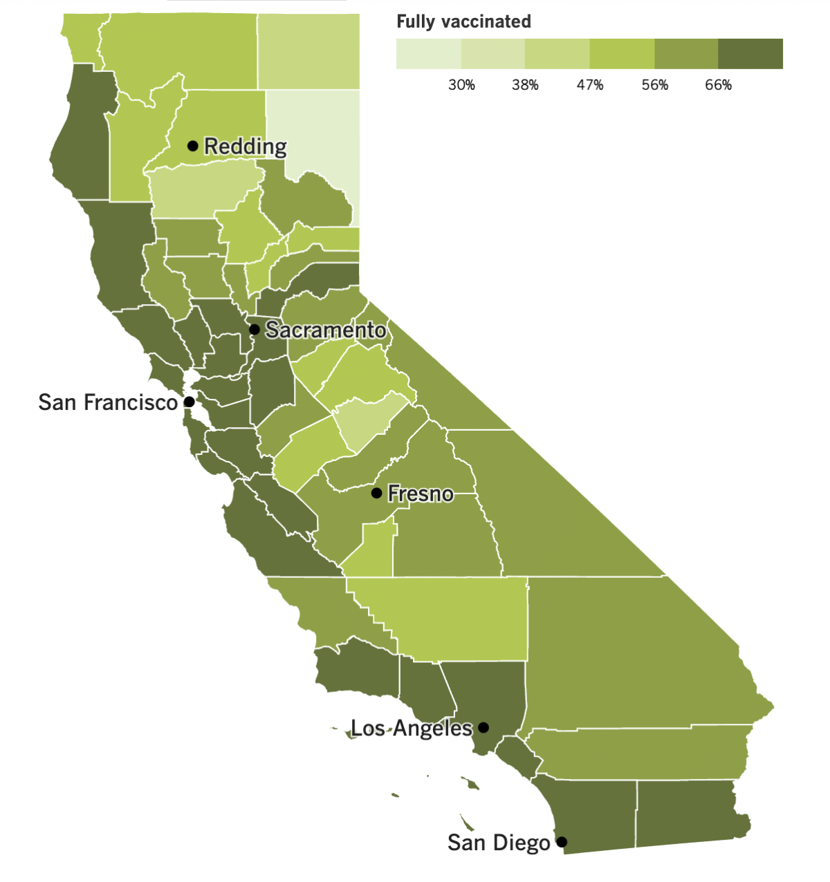 A map showing California's COVID-19 vaccination progress by county as of Oct. 18, 2022.
