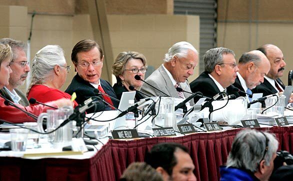 Chairman Patrick Kruer (in red necktie) confers with other members of the Coastal Commission during the meeting at the Del Mar Fairgrounds.