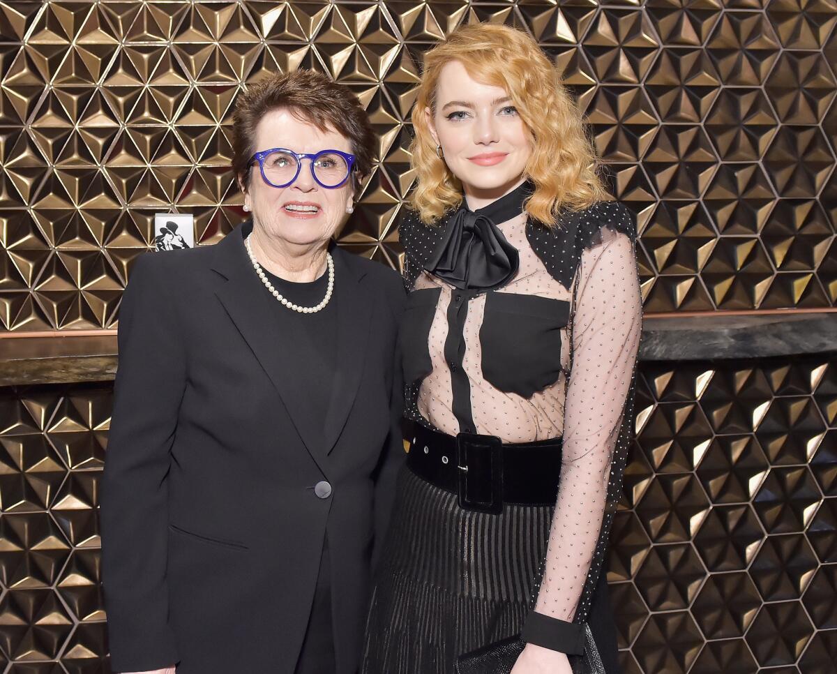 Billie Jean King, left, and Emma Stone at the Women In Film Pre-Oscar Cocktail Party at Crustacean Beverly Hills on Friday.