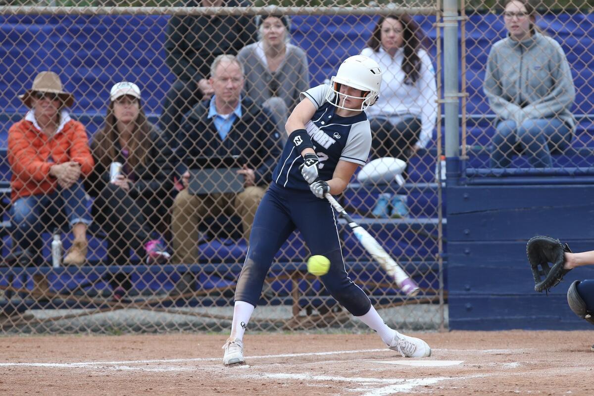 Newport Harbor's Eliana Gottlieb, seen hitting against Corona del Mar on April 2, was named the MVP of the Wave League for the 2019 season.