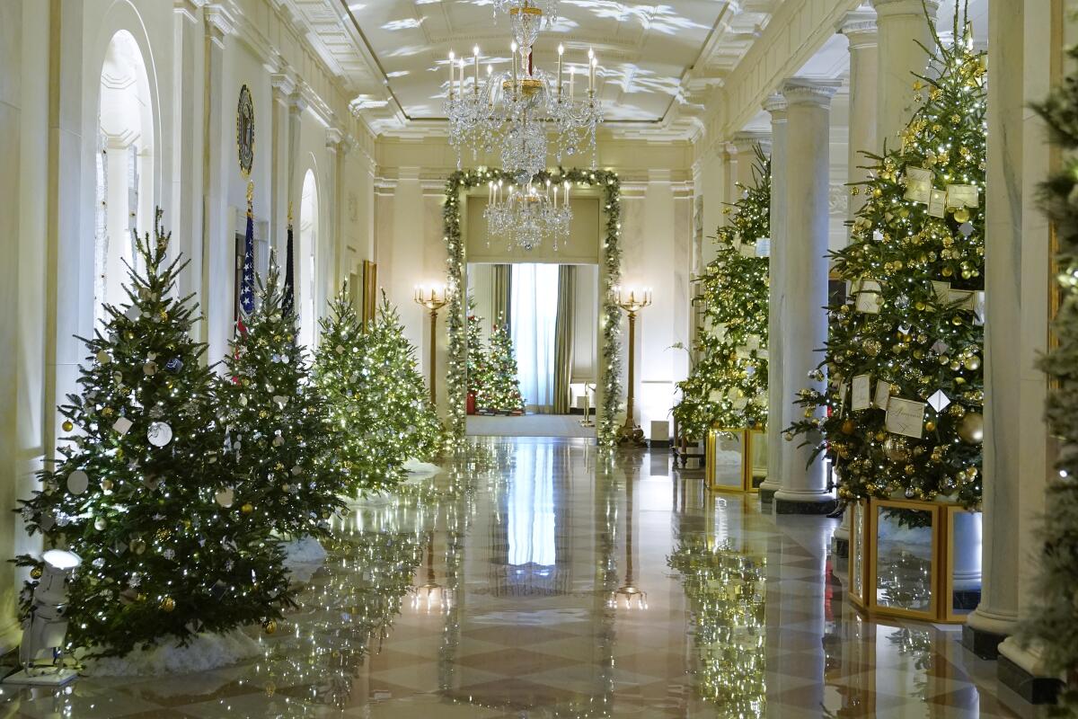 Christmas trees line a White House hallway