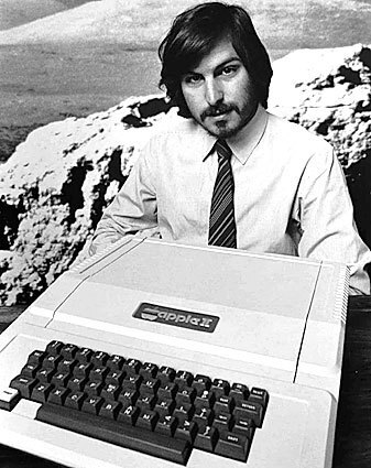Apple founder Steve Jobs introduces the Apple II in 1977, the first computer with a keyboard and color screen.