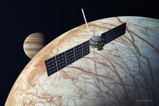 An illustration of NASA's Europa Clipper spacecraft flying near the icy moon, with Jupiter in the background. 