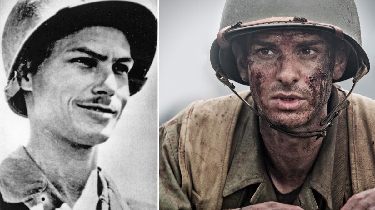 The real Desmond Doss, left, and Andrew Garfield in "Hacksaw Ridge."