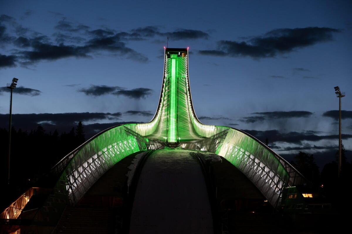 The Holmenkollen Ski Jump in Oslo, Norway, is one of many landmarks worldwide that are glowing green for St. Patrick's Day.
