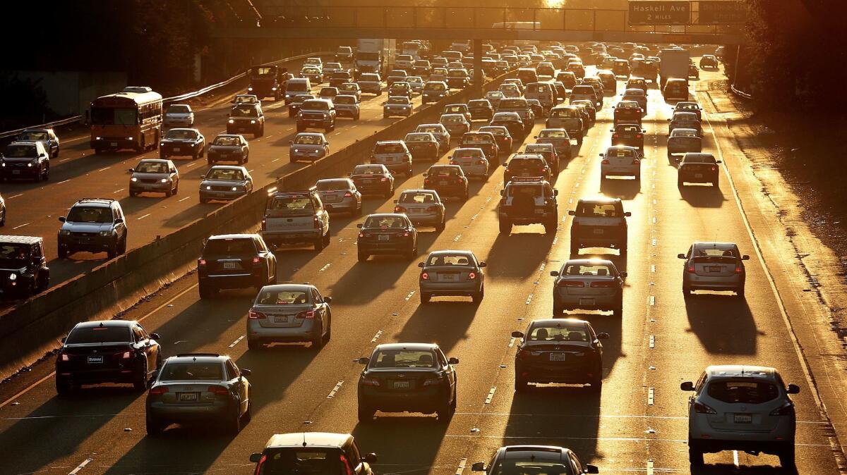 Smog has eased dramatically in Southern California since the 1970s in large part because of vehicle emissions standards. Above, traffic clogs the 101 Freeway in the San Fernando Valley.