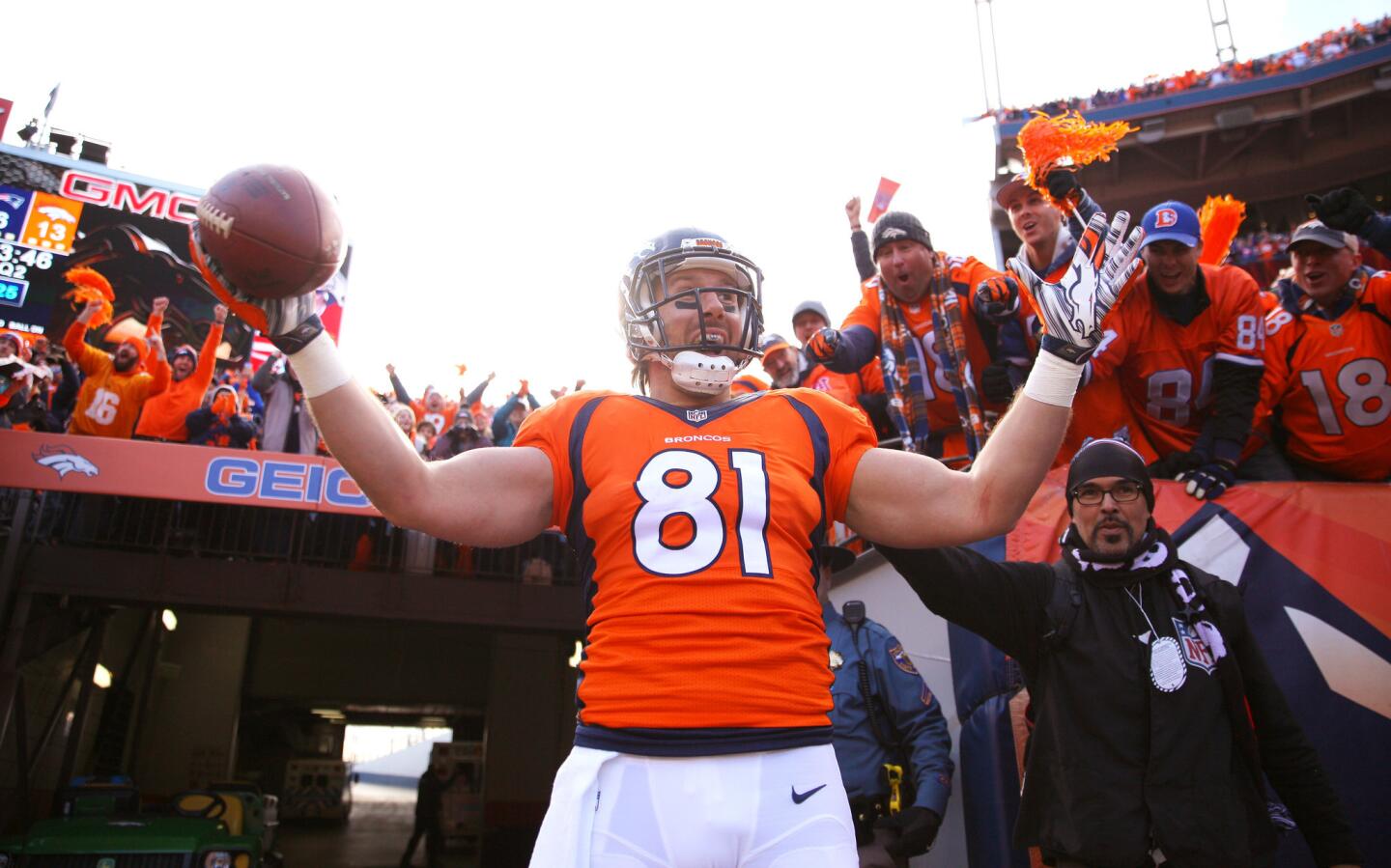 Broncos tight end Owen Daniels celebrates after scoring on a 12-yard touchdown reception during the second quarter of the AFC Championship game against the Patriots on Jan. 24.