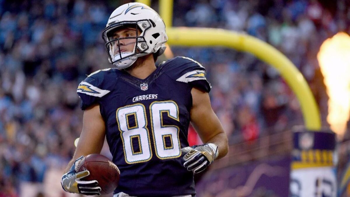 Chargers rookie tight end Hunter Henry scores during a game against the Chiefs on Jan. 1.